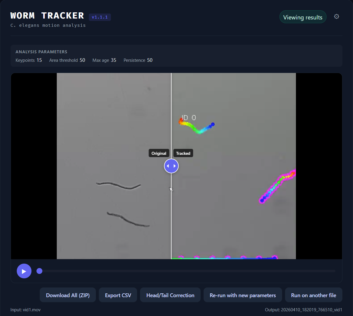 Video comparison slider showing original vs tracked video