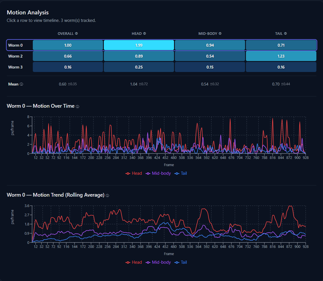 Motion analysis heatmap and timeline charts