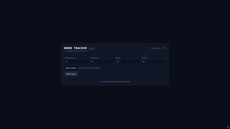 Worm Tracker demo — uploading videos, processing queue, and viewing tracked results
